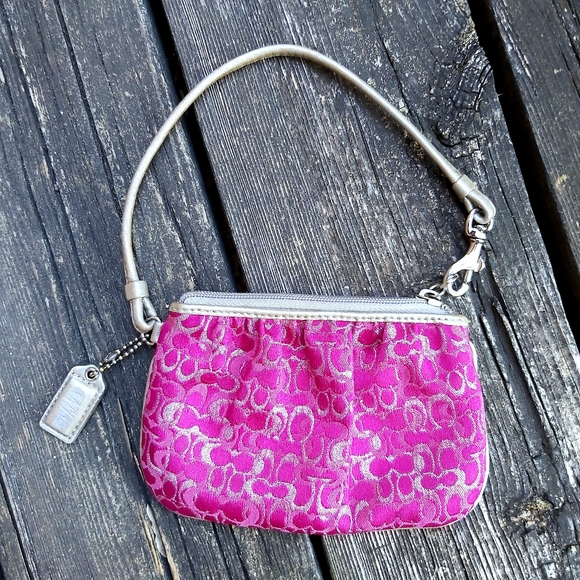 Coach Lurex Gold & Magenta Mini Signature Wristlet - Picture 4 of 9